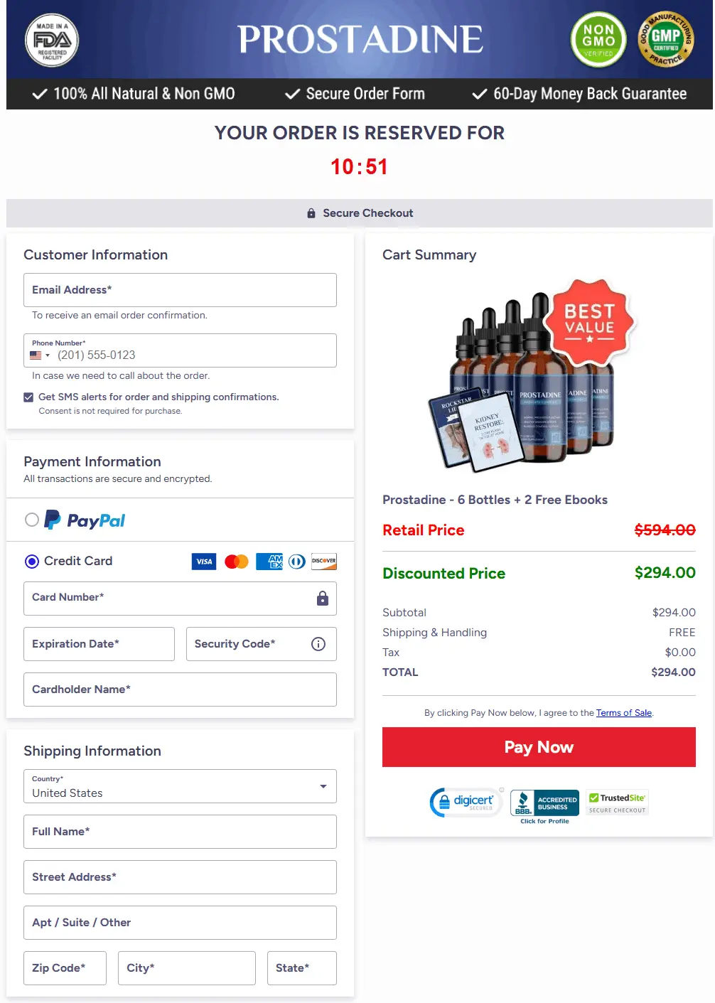 Secure Prostadine checkout page for placing your order